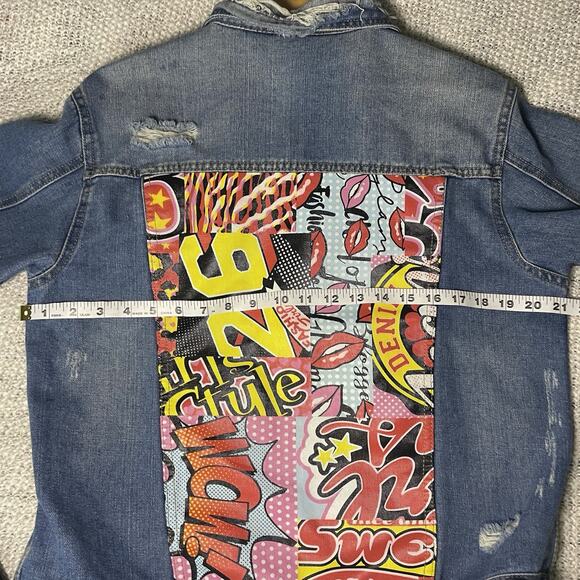Blu[edit] Distressed Denim Jean Jacket M Graphic Comic Book Pop Art 90s Style - Picture 5 of 11